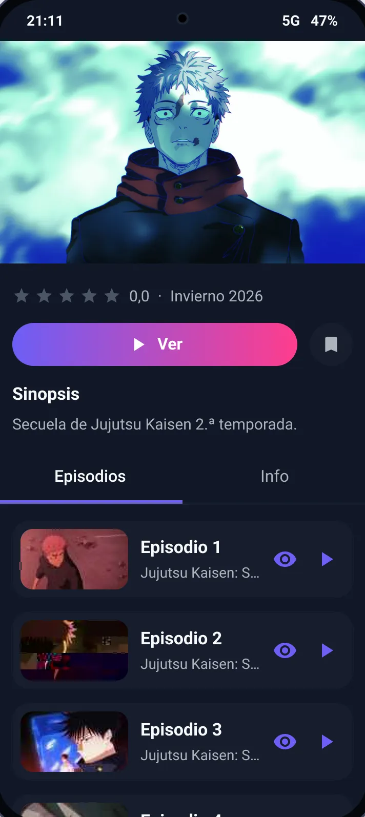 Ficha de una serie en la app con imagen de cabecera, botón Ver, sinopsis, pestañas Episodios e Info y la lista de episodios con acceso a la reproducción.