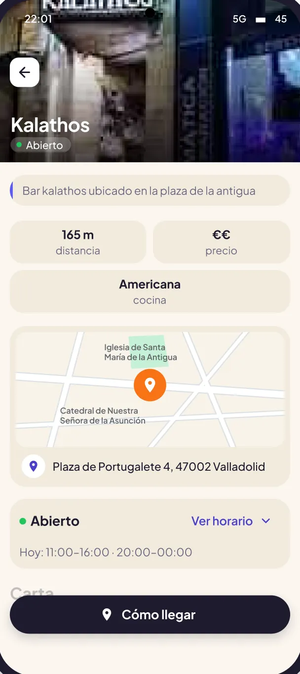 Ficha de un restaurante en la app Bokado con foto de cabecera, estado abierto, distancia, precio, tipo de cocina, mapa con la dirección, horario del día y botón Cómo llegar.